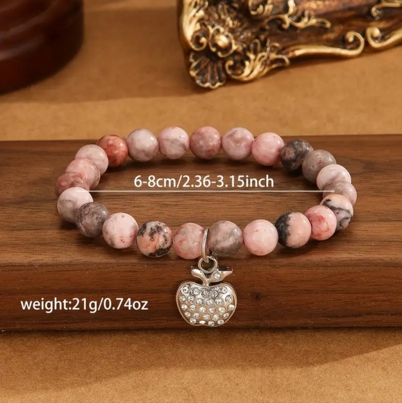 NEW! Natural Stone Beaded Bracelets w/ Rhinestone Apple 🍎 Charm ~ 🎄Teacher 🎁 - Picture 5 of 8